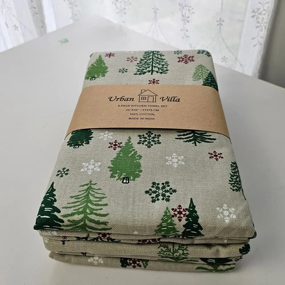 Urban Villa 6 pack cotton kitchen towels christmas trees snowflakes NIP